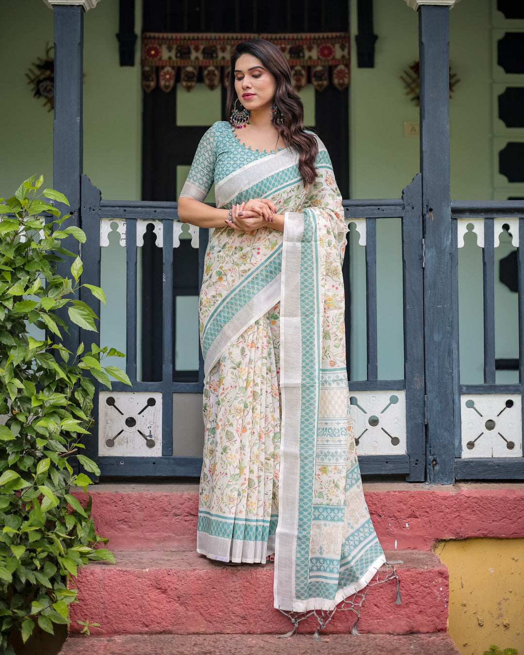 Off White Summer Special Digital Printed Linen Cotton Saree