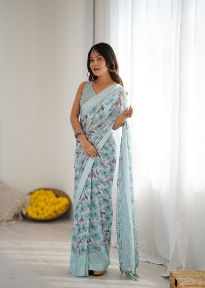 Sky Blue Linen Cotton Saree With Flower Digital Printed Work