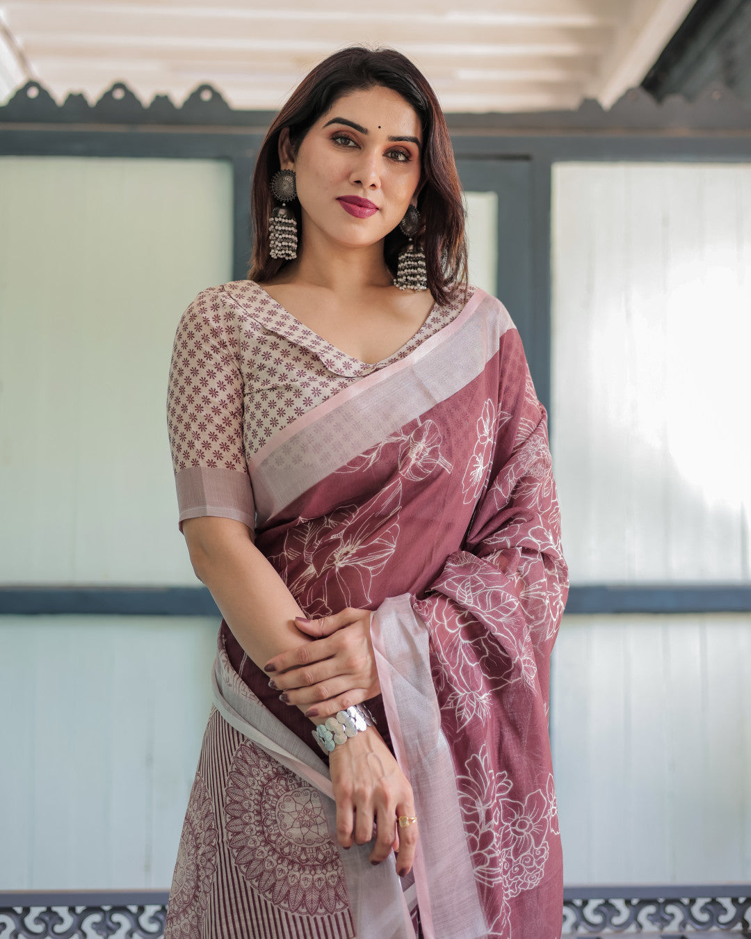 Maroon Digital Printed Linen Cotton Saree | Summer Special Office & Casual Wear – JaipurSaaj