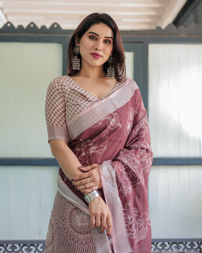 Maroon Digital Printed Linen Cotton Saree | Summer Special Office & Casual Wear – JaipurSaaj