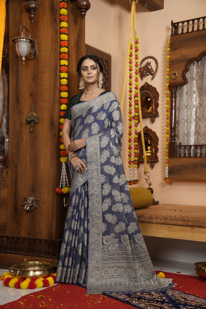 Navy Blue Soft Cotton Saree With Lucknowi Work
