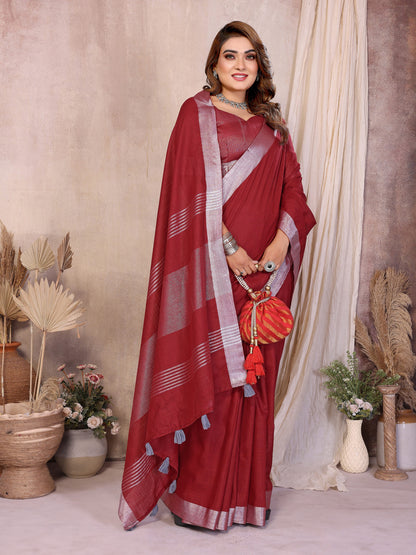 Red Linen Cotton Saree With Silver Zari Border