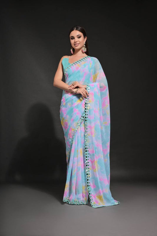 Sky Blue Chiffon Silk Saree with Prism Print & Foil Mirror Work Border | Designer Party Wear – JaipurSaaj