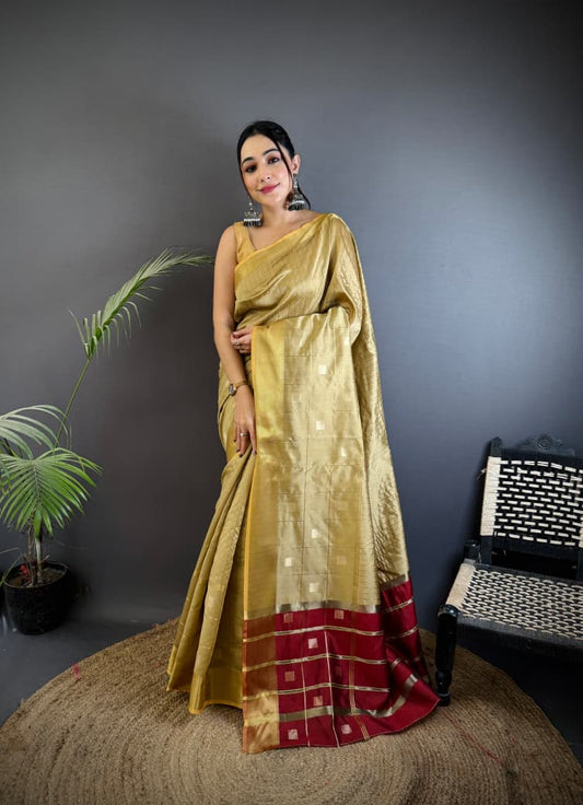 Cream Soft Cotton Silk Saree With Zari Weaving Work