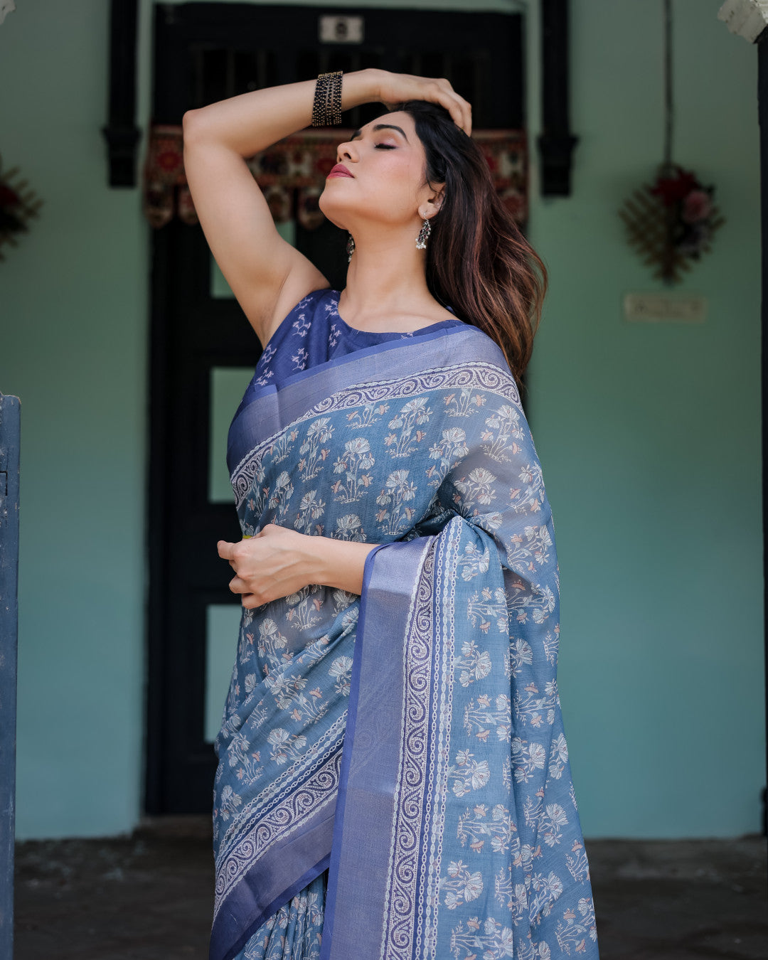 Light Blue Summer Special Digital Printed Linen Cotton Saree
