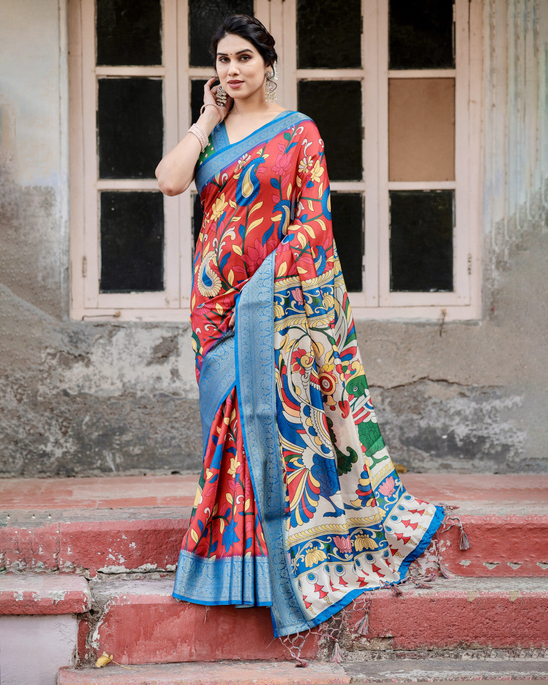 Multi Kalamakari Floral Printed Tussar Silk Saree With Zari Motif Border | Festive Ethnic Wear – JaipurSaaj