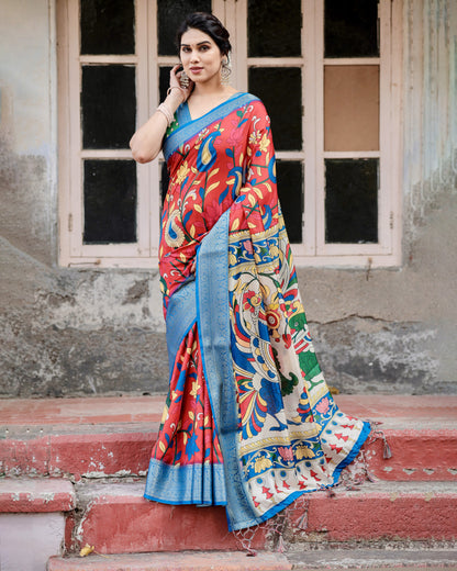Multi Kalamakari Floral Printed Tussar Silk Saree With Zari Motif Border | Festive Ethnic Wear – JaipurSaaj