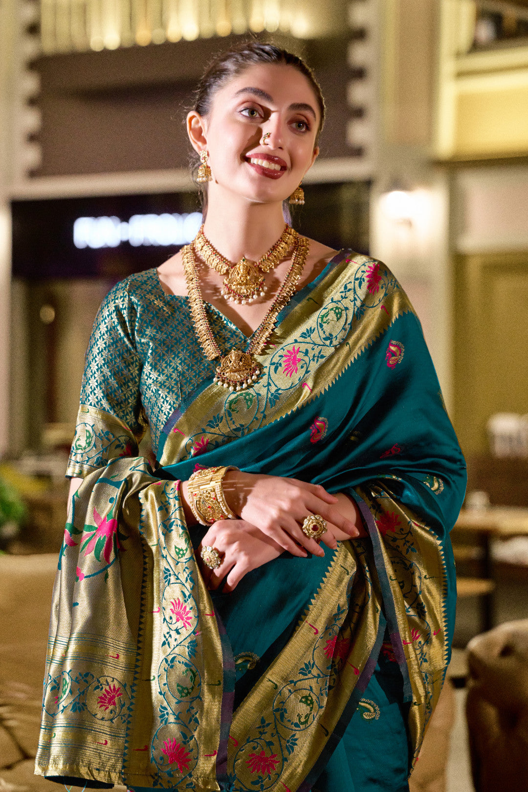 Traditional Morpich Paithani Silk Saree With Zari Weaving Work