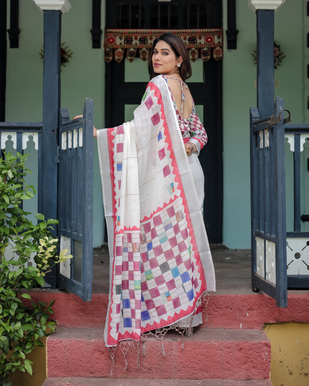 White Summer Special Digital Printed Linen Cotton Saree