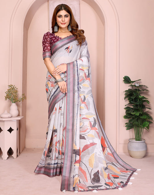 Gray Linen Cotton Saree With Digital Printed Work And Silver Zari Border