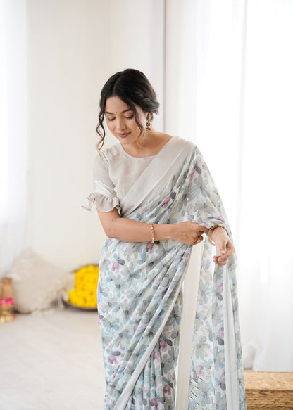 Gray Linen Cotton Saree With Flower Digital Printed Work