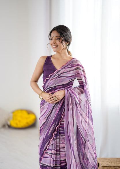 Magenta Georgette Saree With Printed And Mirror Work With Arco Border
