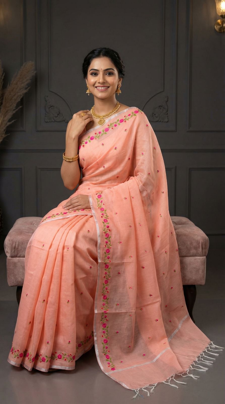 Peach Kota Doriya Saree With Silver Zari Border & Floral Embroidery | Festive Ethnic Wear – JaipurSaaj