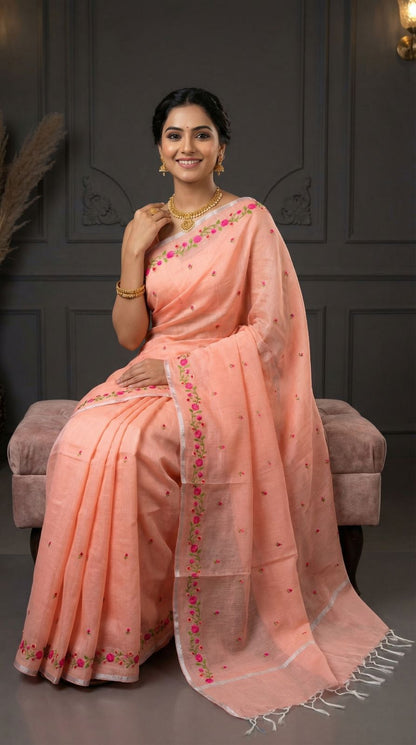 Peach Kota Doriya Saree With Silver Zari Border & Floral Embroidery | Festive Ethnic Wear – JaipurSaaj