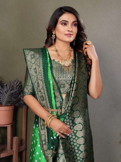 Parrot Green & Green Bandhej Silk Saree With Zari Weaving Work | Festive Wedding Wear – JaipurSaaj