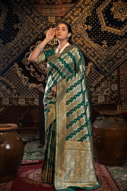Bottle Green Banarasi Silk Saree With Zari Woven Work | Traditional Wedding & Bridal Wear – JaipurSaaj