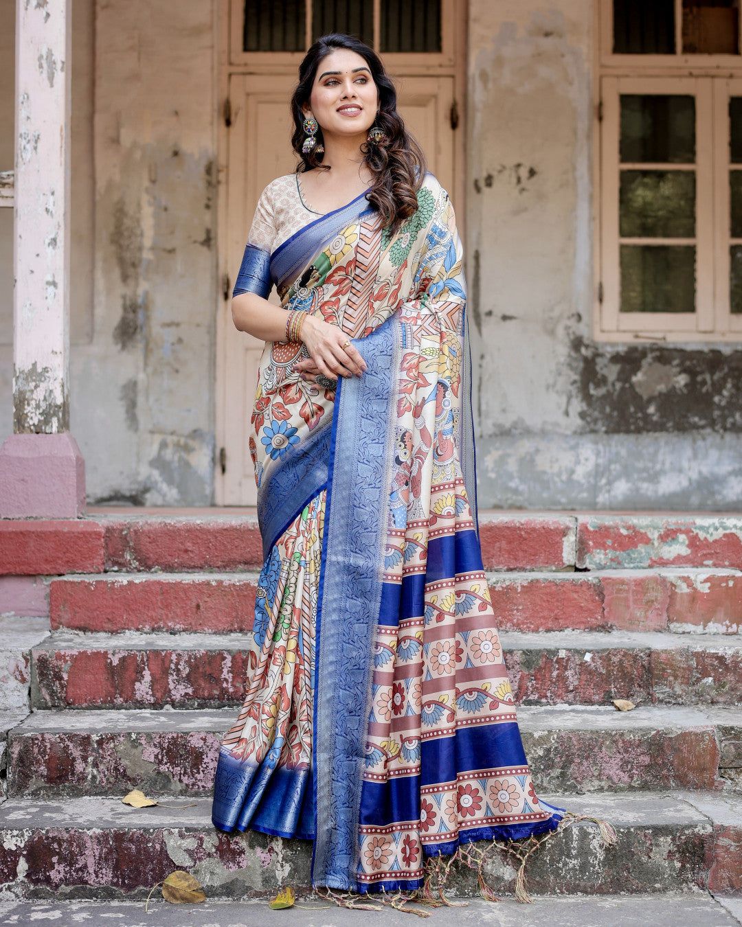 Multi Kalamakari Floral Printed Tussar Silk Saree With Zari Motif Border | Festive Ethnic Wear – JaipurSaaj