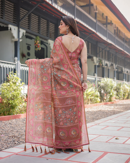 Maroon Soft Linen Cotton Saree With Kalamkari Digital Printed Work