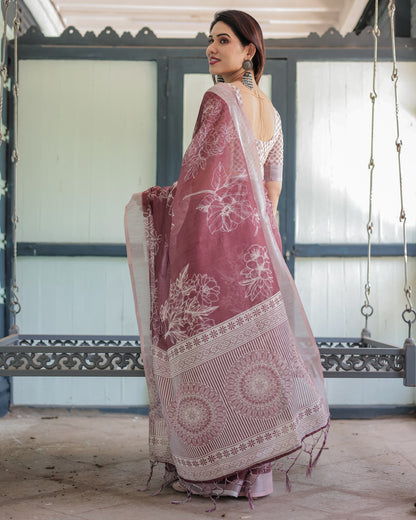 Maroon Digital Printed Linen Cotton Saree | Summer Special Office & Casual Wear – JaipurSaaj
