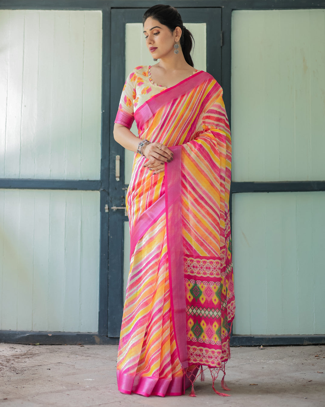 Yellow And Pink Soft Linen Cotton Saree With Digital Printed Work