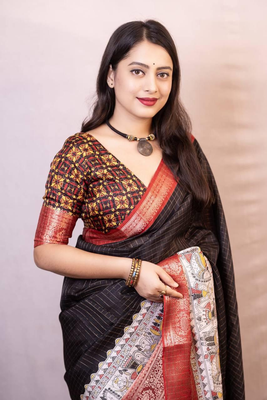 Black Dola Silk Saree With Beautiful Madhubani Printed Pallu Work