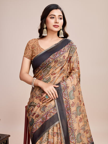 Multi Soft Linen Cotton Saree With Floral Printed Work