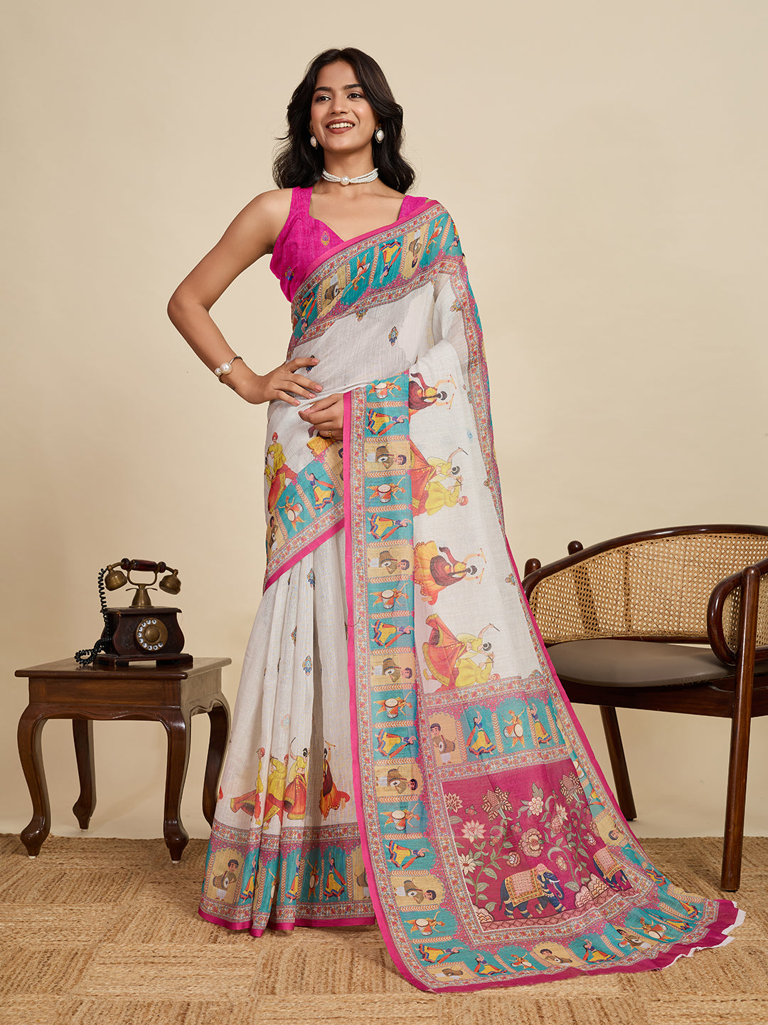 Off White Linen Cotton Saree With Digital Printed Work And Silver Zari Border | Lightweight Festive & Party Wear – JaipurSaaj
