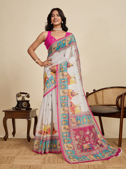 Off White Linen Cotton Saree With Digital Printed Work And Silver Zari Border | Lightweight Festive & Party Wear – JaipurSaaj