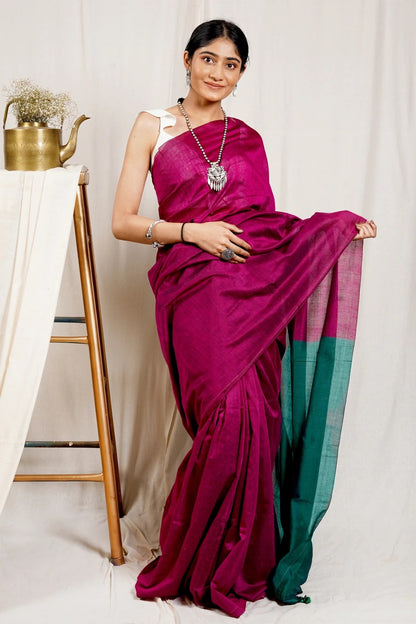 Magenta Color Plain Khadi Cotton Saree With Fancy Tassel Work