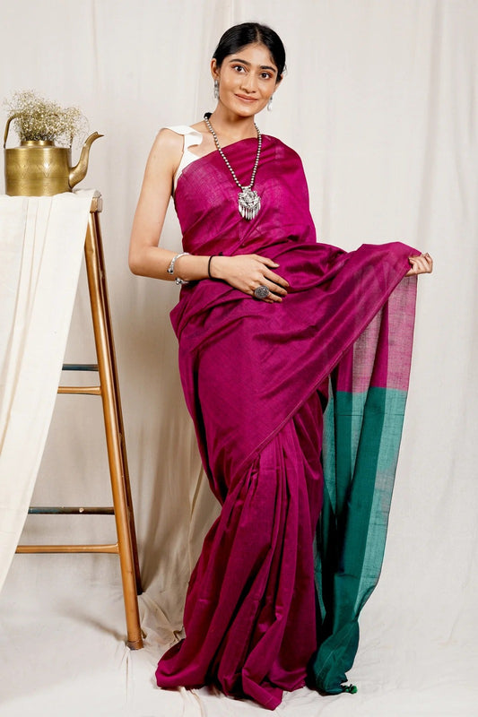 Magenta Color Plain Khadi Cotton Saree With Fancy Tassel Work