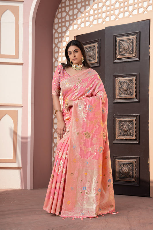 Baby Pink Banarasi Cotton Silk Saree With Zari Woven Work