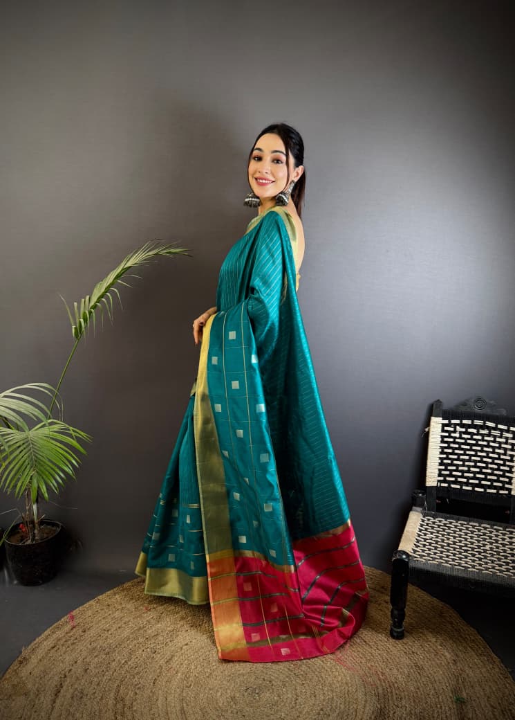 Rama Green Soft Cotton Silk Saree With Zari Weaving Work