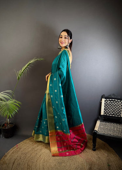 Rama Green Soft Cotton Silk Saree With Zari Weaving Work