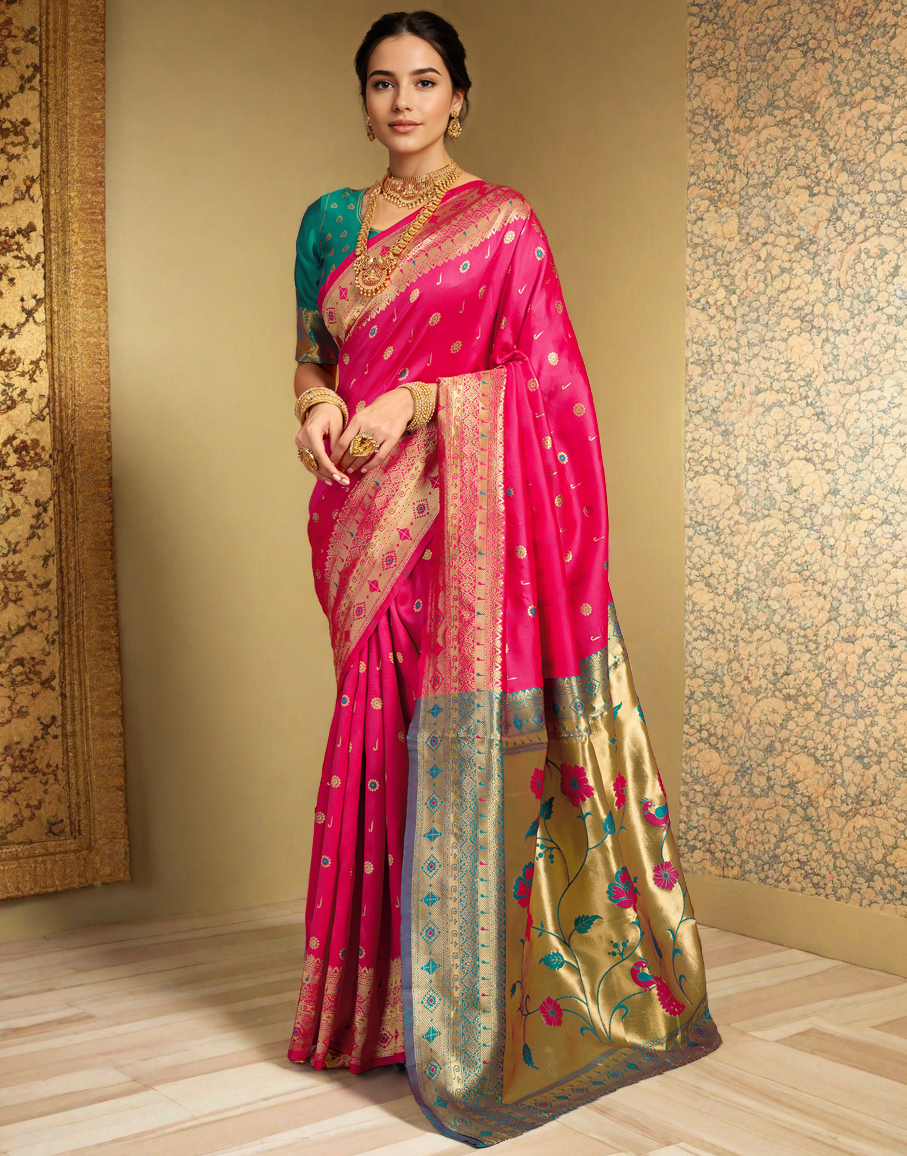 Traditional Pink Paithani Silk Saree With Zari Weaving Work