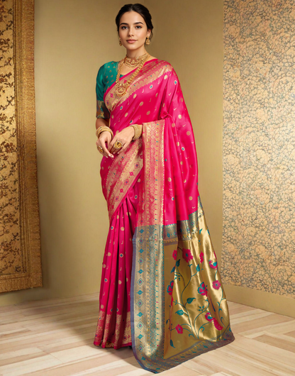 Traditional Pink Paithani Silk Saree With Zari Weaving Work