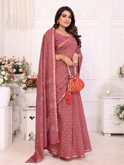 Dusty Pink Bandhej Printed Soft Cotton Saree With Zari Border | Traditional Festive Ethnic Wear – JaipurSaaj
