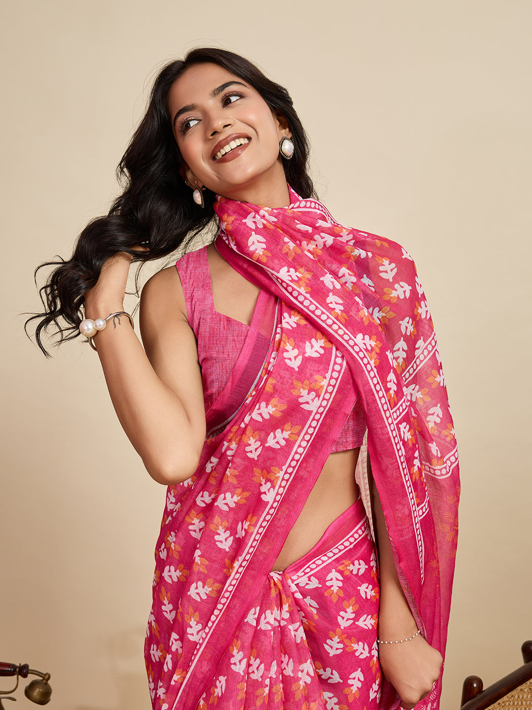 Pink Linen Cotton Saree With Digital Printed Work And Silver Zari Border | Lightweight Office & Daily Wear – JaipurSaaj