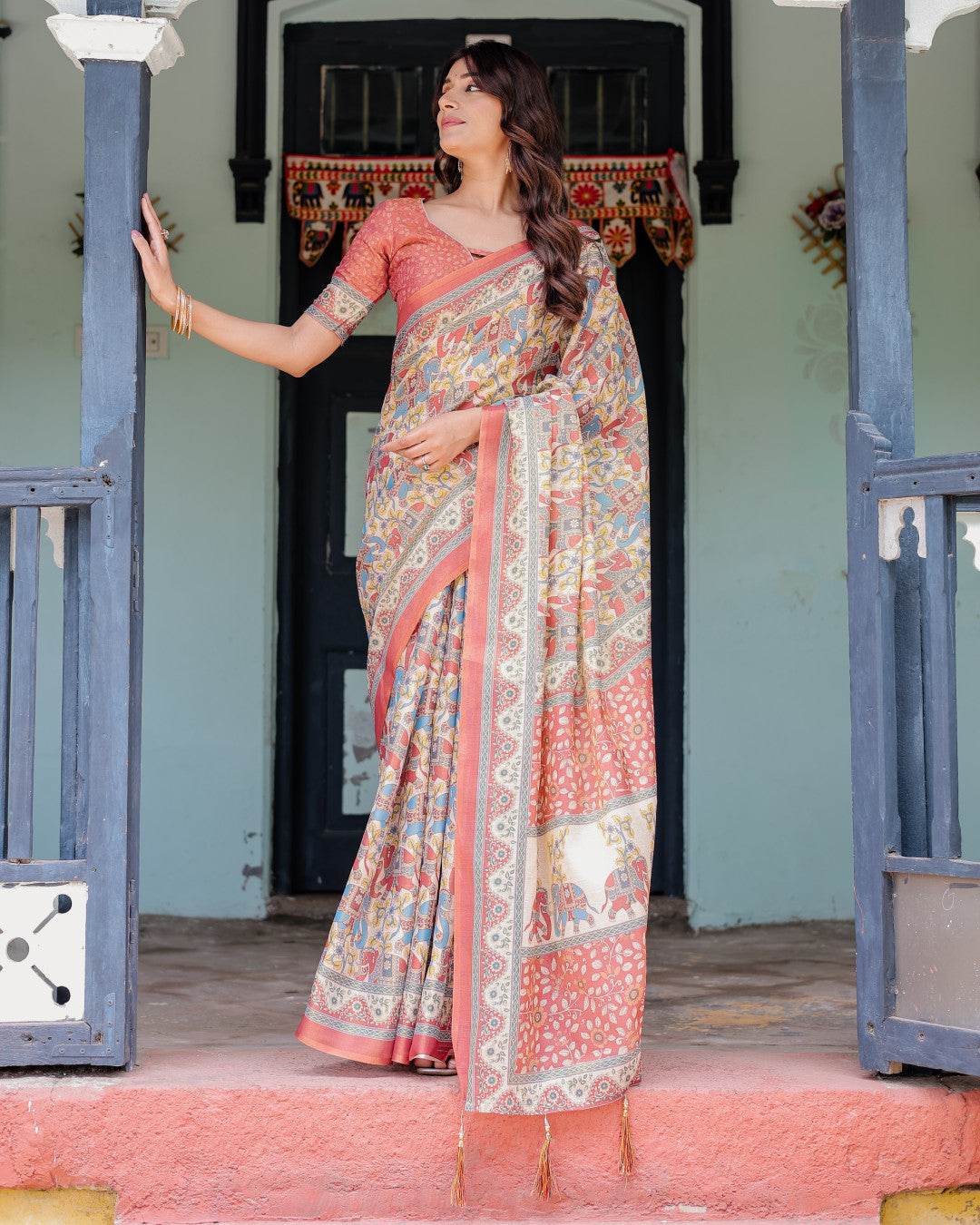 Multi Color Kalamkari Digital Printed Linen Cotton Saree | Summer Casual & Ethnic Wear – JaipurSaaj