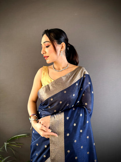 Navy Blue Soft Cotton Silk Saree With Zari Woven Work | Wedding & Party Wear – JaipurSaaj