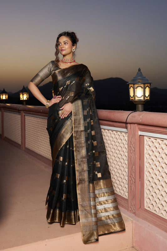 Black Color Kota Doriya Saree With Zari Weaving Work