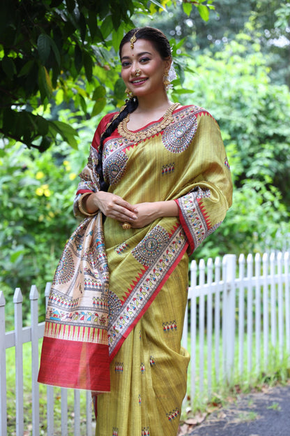Mahendi Green Madhubani Printed Soft Tussar Silk Saree | Traditional Festive Ethnic Wear – JaipurSaaj