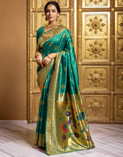 Rama Green Paithani Silk Saree With Zari Weaving Work