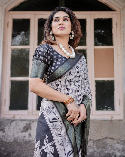Black Digital Printed Tussar Silk Saree With Zari Motif Border | Traditional Festive Ethnic Wear – JaipurSaaj
