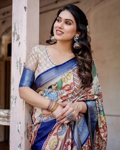 Multi Kalamakari Floral Printed Tussar Silk Saree With Zari Motif Border | Festive Ethnic Wear – JaipurSaaj