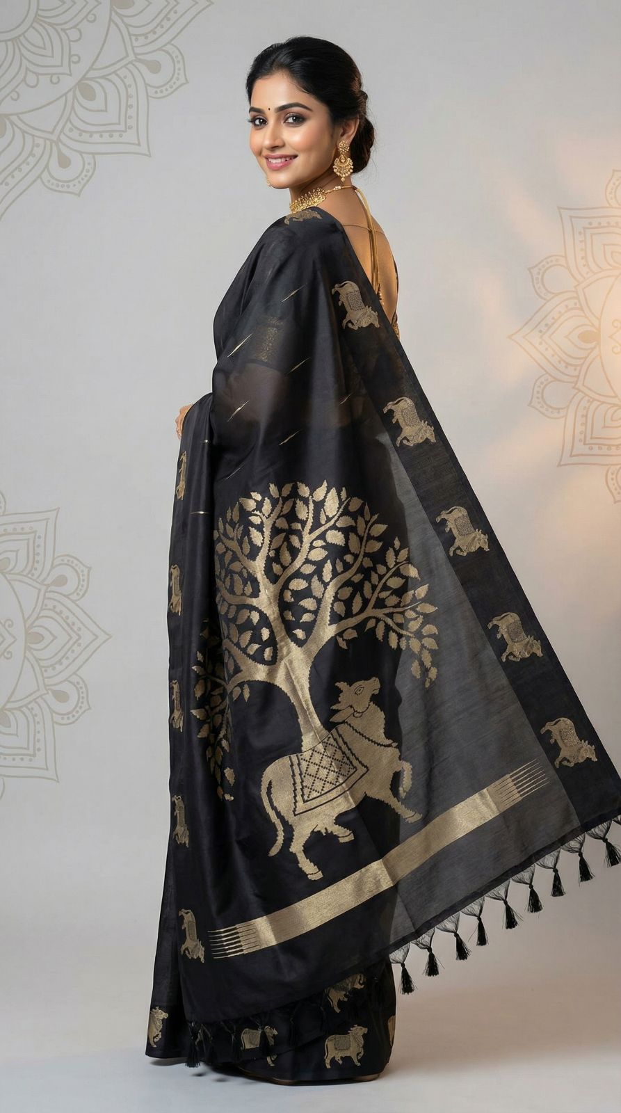 Black Khadi Raw Silk Saree With Zari Weaving Cow Pallu & Border | Traditional Festive Wear – JaipurSaaj