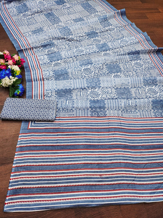 Blue Color Soft Pure Cotton Silk Saree With Bagru Print Work