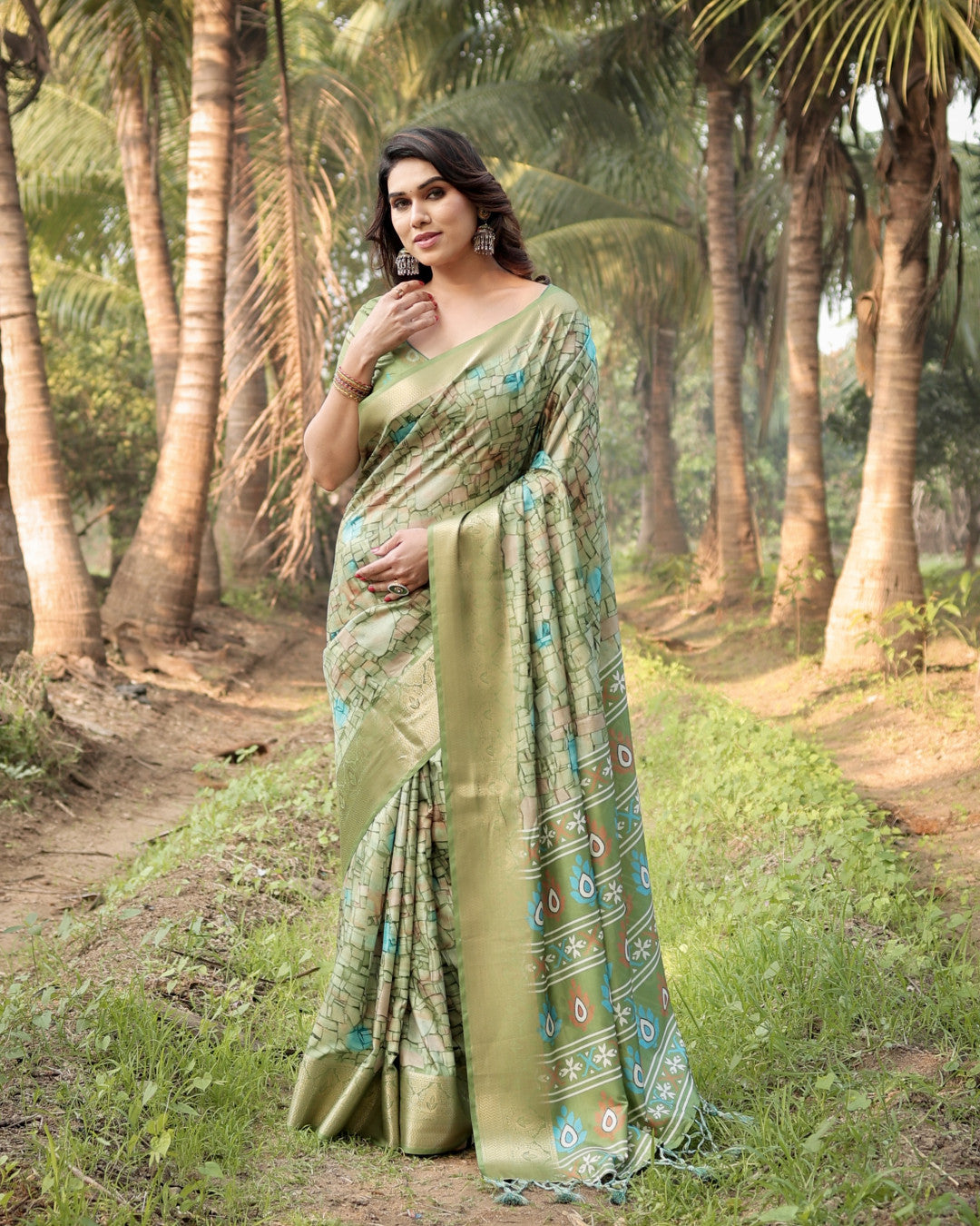 Light Green Digital Printed Tussar Silk Saree With Zari Motif Border | Traditional Casual & Festive Wear – JaipurSaaj