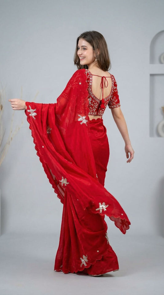 Red Fandy Satin Silk Saree With Heavy Shine Hand Work & Cutwork Border | Wedding & Party Wear - JaipurSaaj