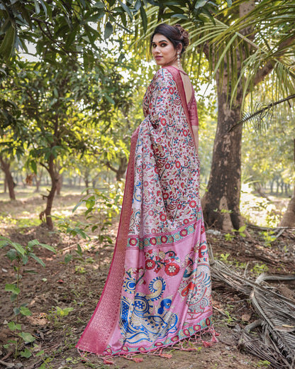 Multi Color Kalamkari Digital Printed Tussar Silk Saree | Designer Festive Ethnic Wear – JaipurSaaj