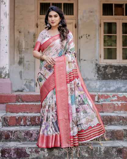 Multi Color Tussar Silk Saree With Digital Kalamkari Print & Zari Motif Border | Casual & Festive Wear – JaipurSaaj